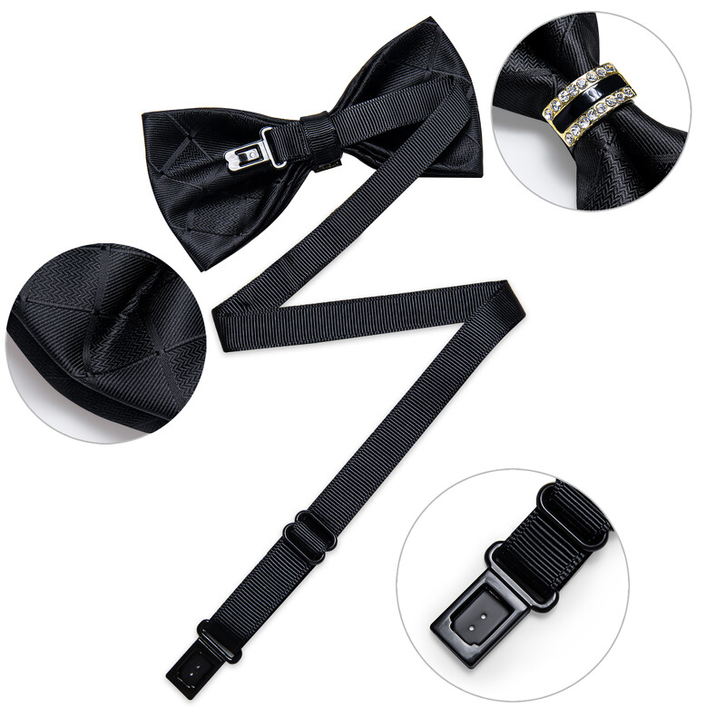 Papion de lux pentru bărbați, negru, solid, cu decor cu jumătate de inel cu diamante, set de butoni de buzunar pătrat