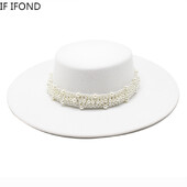 Шапка Fedora за жени Темперамент Елегантен бежов плосък връх Джаз шапки 10 СМ широка периферия Перлена декорация Дамска шапка за сватбена рокля