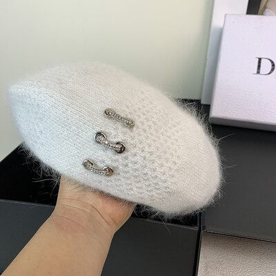 Beretă de designer pentru femei, pălărie tricotată din blană de iepure adevărată, căciulă caldă de iarnă, beretă pentru femeie, pălărie de pictor francez