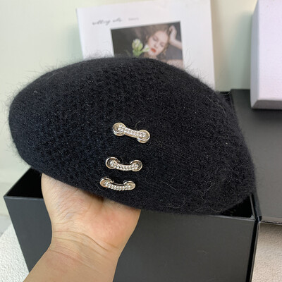 Beretă de designer pentru femei, pălărie tricotată din blană de iepure adevărată, căciulă caldă de iarnă, beretă pentru femeie, pălărie de pictor francez