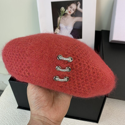 Beretă de designer pentru femei, pălărie tricotată din blană de iepure adevărată, căciulă caldă de iarnă, beretă pentru femeie, pălărie de pictor francez