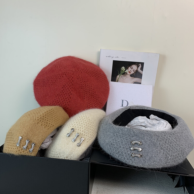 Beretă de designer pentru femei, pălărie tricotată din blană de iepure adevărată, căciulă caldă de iarnă, beretă pentru femeie, pălărie de pictor francez