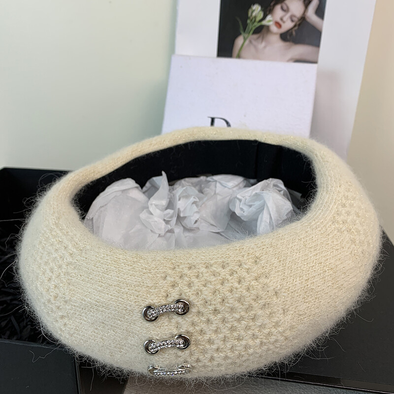 Beretă de designer pentru femei, pălărie tricotată din blană de iepure adevărată, căciulă caldă de iarnă, beretă pentru femeie, pălărie de pictor francez