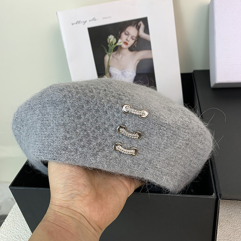 Beretă de designer pentru femei, pălărie tricotată din blană de iepure adevărată, căciulă caldă de iarnă, beretă pentru femeie, pălărie de pictor francez