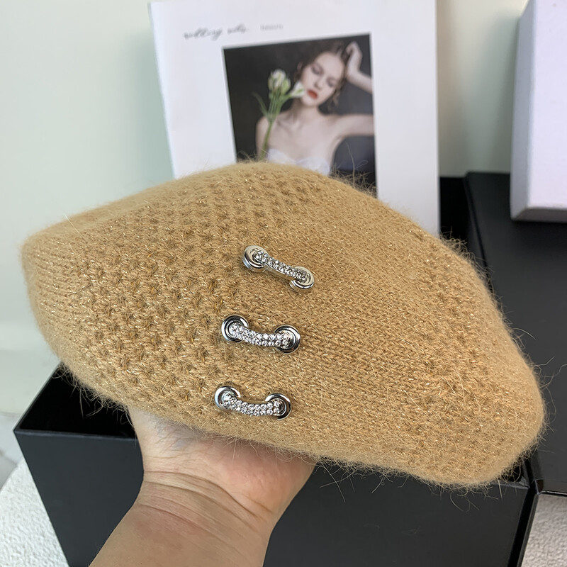 Beretă de designer pentru femei, pălărie tricotată din blană de iepure adevărată, căciulă caldă de iarnă, beretă pentru femeie, pălărie de pictor francez