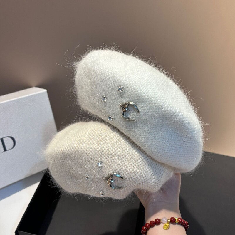 Beretă tricotată din blană de iepure angora, iarnă pentru femei, berete din lână, căciuli, pălărie de pictor pentru fete, căciulă caldă de trezire, șapcă
