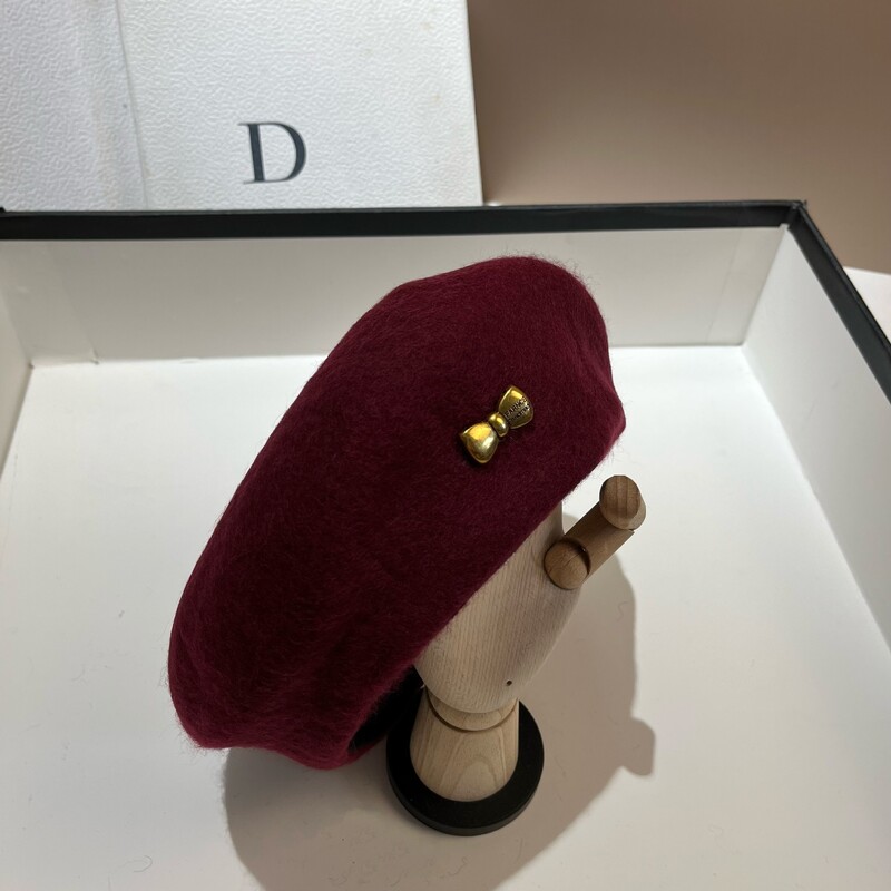 Papion de lux din metal, beretă de lână, pălărie, pălărie de iarnă, șapcă caldă pentru femei, berete versatile pentru fete, pălărie de pictor francez pentru doamnă