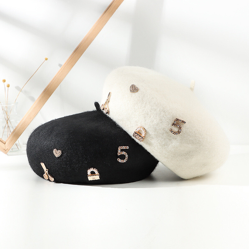Beretă de lână cu strasuri de lux Pălării de designer de iarnă pentru femei, pălărie de pictor francez, berete vintage, căciulă caldă pentru plimbare