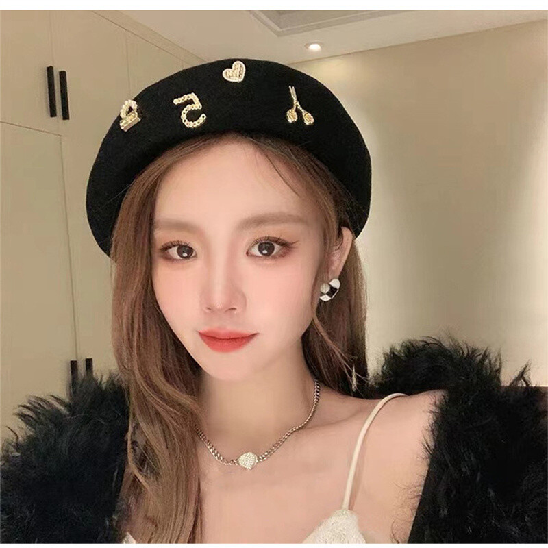 Beretă de lână cu strasuri de lux Pălării de designer de iarnă pentru femei, pălărie de pictor francez, berete vintage, căciulă caldă pentru plimbare