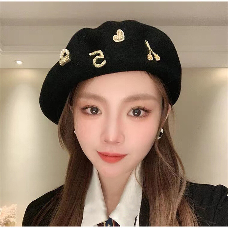 Beretă de lână cu strasuri de lux Pălării de designer de iarnă pentru femei, pălărie de pictor francez, berete vintage, căciulă caldă pentru plimbare