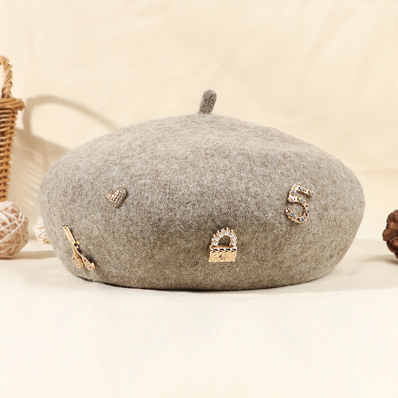 Beretă de lână cu strasuri de lux Pălării de designer de iarnă pentru femei, pălărie de pictor francez, berete vintage, căciulă caldă pentru plimbare