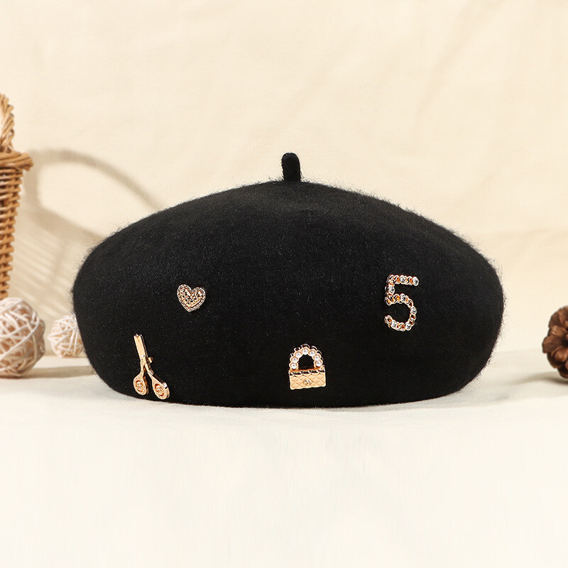 Beretă de lână cu strasuri de lux Pălării de designer de iarnă pentru femei, pălărie de pictor francez, berete vintage, căciulă caldă pentru plimbare