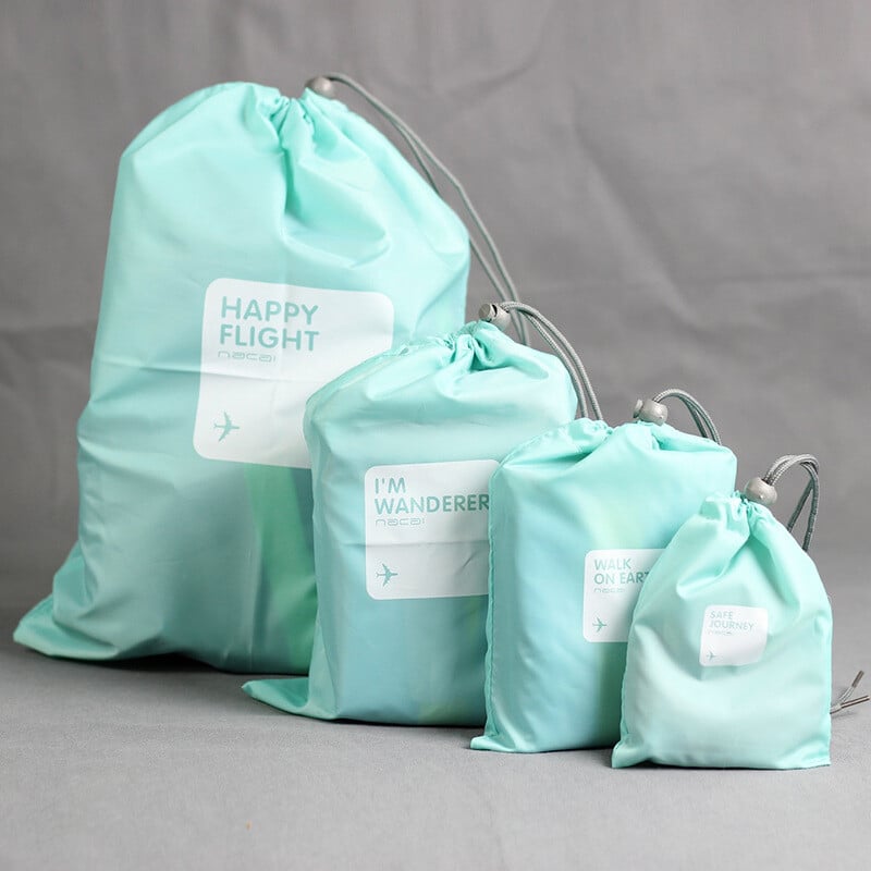 Set de 4 bucăți de saci de depozitare cu șnur de călătorie, impermeabile, pentru buzunar pentru pantofi, lenjerie de corp, organizator pentru cosmetice, geantă de toaletă, ambalare haine de călătorie