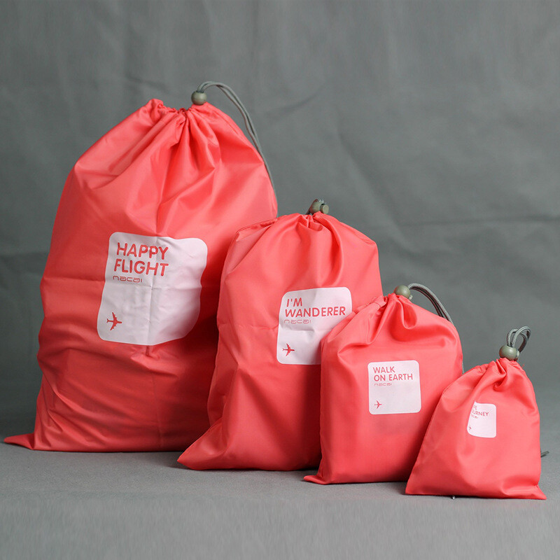 Set de 4 bucăți de saci de depozitare cu șnur de călătorie, impermeabile, pentru buzunar pentru pantofi, lenjerie de corp, organizator pentru cosmetice, geantă de toaletă, ambalare haine de călătorie