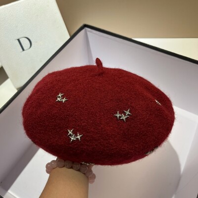 Beretă de lână pentru femei, cu stele cu stras de lux, căciulă caldă de iarnă, pălărie de pictor franceză pentru fete, șapci de epocă