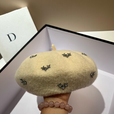 Beretă de lână pentru femei, cu stele cu stras de lux, căciulă caldă de iarnă, pălărie de pictor franceză pentru fete, șapci de epocă