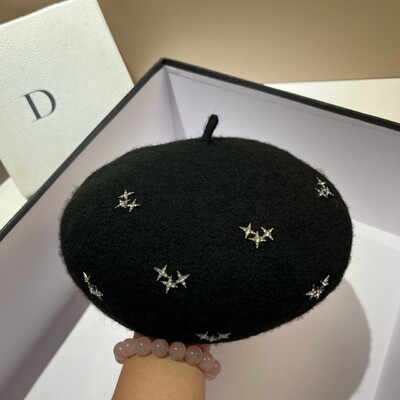 Beretă de lână pentru femei, cu stele cu stras de lux, căciulă caldă de iarnă, pălărie de pictor franceză pentru fete, șapci de epocă