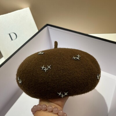 Beretă de lână pentru femei, cu stele cu stras de lux, căciulă caldă de iarnă, pălărie de pictor franceză pentru fete, șapci de epocă