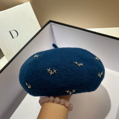 Beretă de lână pentru femei, cu stele cu stras de lux, căciulă caldă de iarnă, pălărie de pictor franceză pentru fete, șapci de epocă