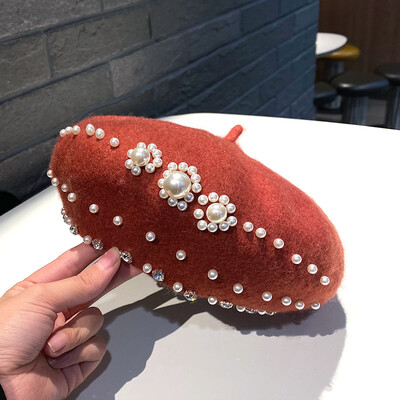 Lână de toamnă și iarnă, perlă, strass, beretă, versiune coreeană pentru femei, pălărie japoneză de pictor la modă și la modă