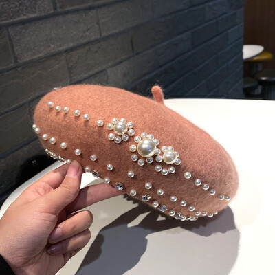Lână de toamnă și iarnă, perlă, strass, beretă, versiune coreeană pentru femei, pălărie japoneză de pictor la modă și la modă