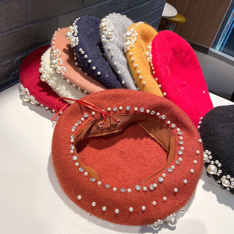 Lână de toamnă și iarnă, perlă, strass, beretă, versiune coreeană pentru femei, pălărie japoneză de pictor la modă și la modă