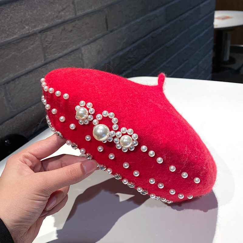Lână de toamnă și iarnă, perlă, strass, beretă, versiune coreeană pentru femei, pălărie japoneză de pictor la modă și la modă