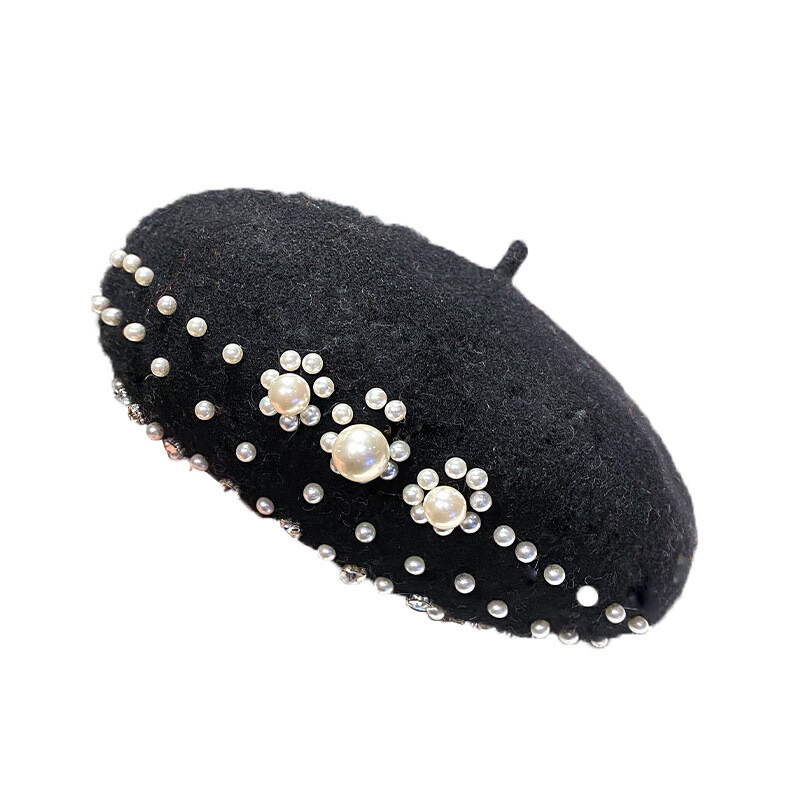 Lână de toamnă și iarnă, perlă, strass, beretă, versiune coreeană pentru femei, pălărie japoneză de pictor la modă și la modă