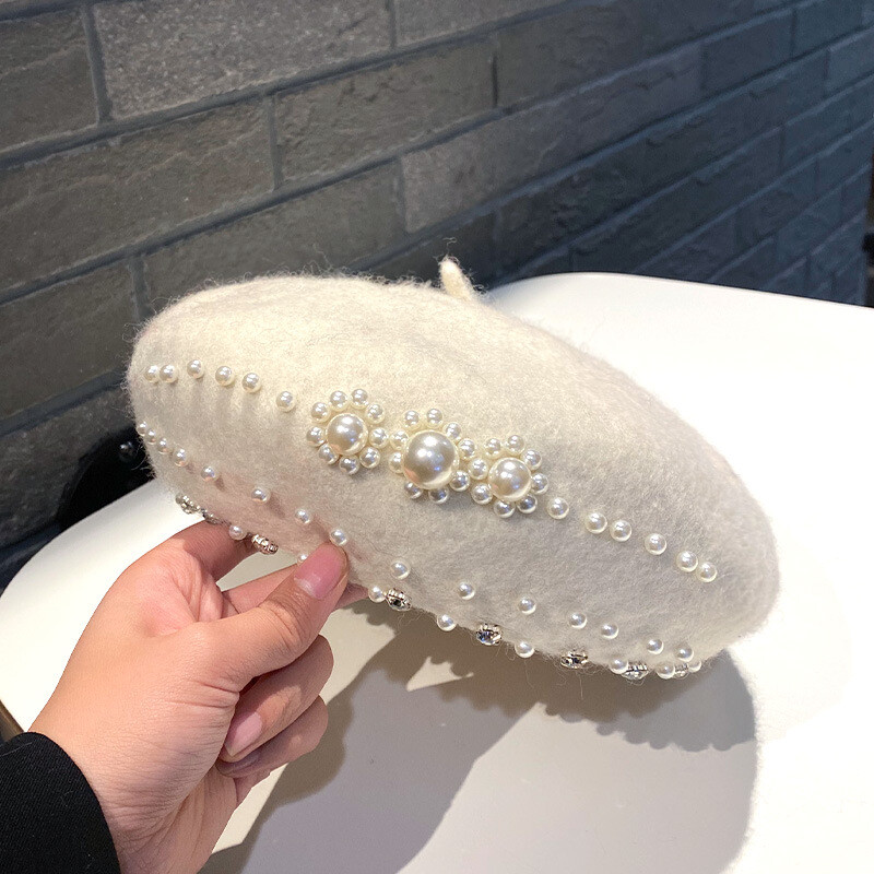 Lână de toamnă și iarnă, perlă, strass, beretă, versiune coreeană pentru femei, pălărie japoneză de pictor la modă și la modă