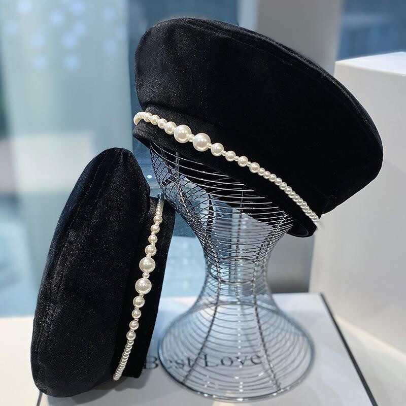 Crna beretka Ženska jesen zima Elegantni biserni ukras Slikarski šešir Modni svestrani ulični šešir Trend