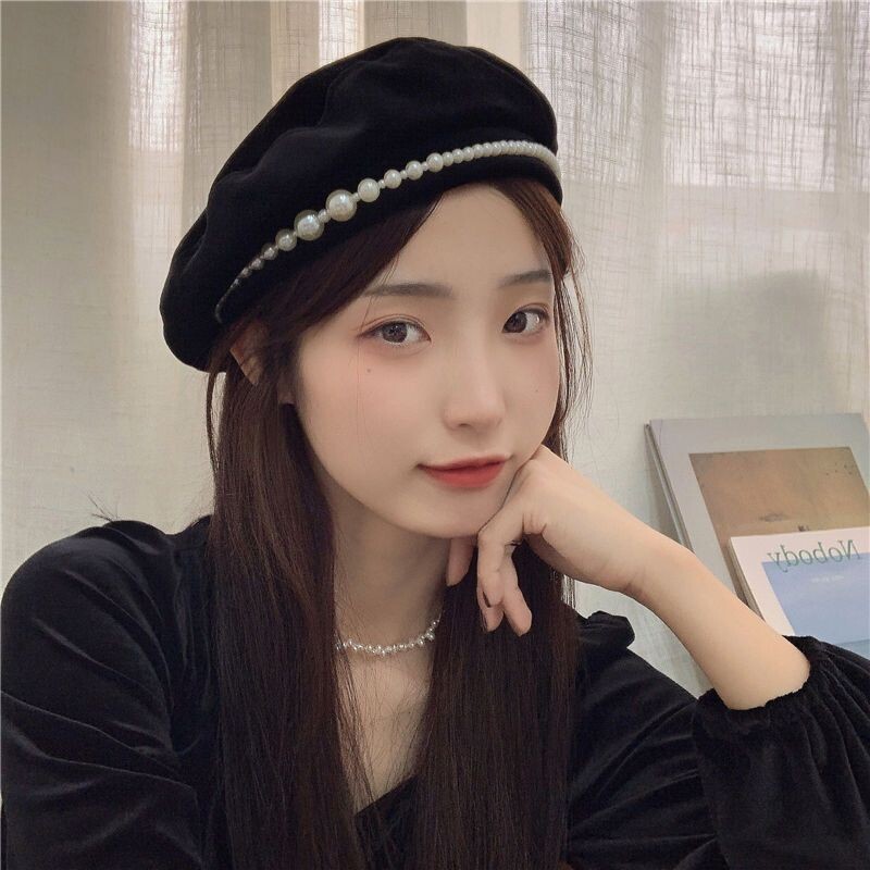 Crna beretka Ženska jesen zima Elegantni biserni ukras Slikarski šešir Modni svestrani ulični šešir Trend