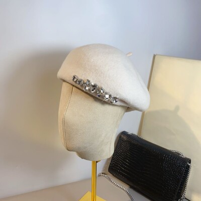 Beretă din lână cu strasuri de designer de lux Pălărie pentru femei, berete strălucitoare, bonetă de iarnă, șapcă de lână, versatilă, pălării de pictor francez pentru fete