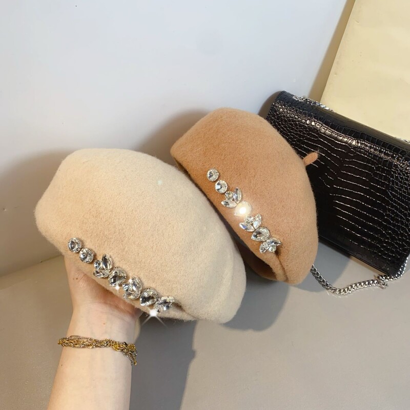 Beretă din lână cu strasuri de designer de lux Pălărie pentru femei, berete strălucitoare, bonetă de iarnă, șapcă de lână, versatilă, pălării de pictor francez pentru fete