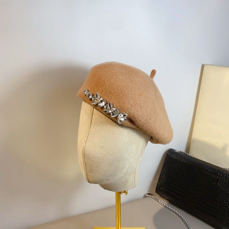 Beretă din lână cu strasuri de designer de lux Pălărie pentru femei, berete strălucitoare, bonetă de iarnă, șapcă de lână, versatilă, pălării de pictor francez pentru fete