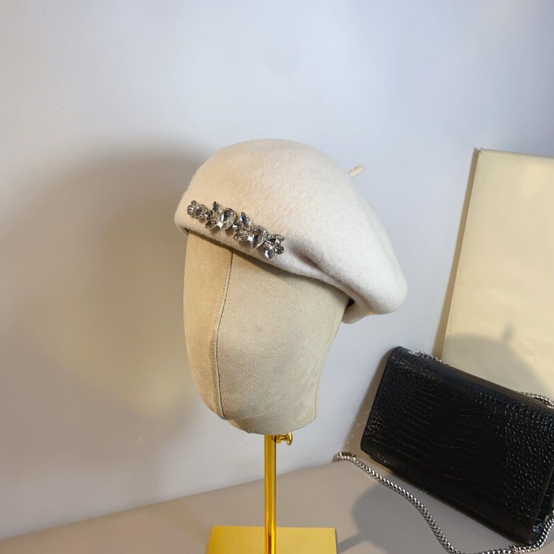 Beretă din lână cu strasuri de designer de lux Pălărie pentru femei, berete strălucitoare, bonetă de iarnă, șapcă de lână, versatilă, pălării de pictor francez pentru fete