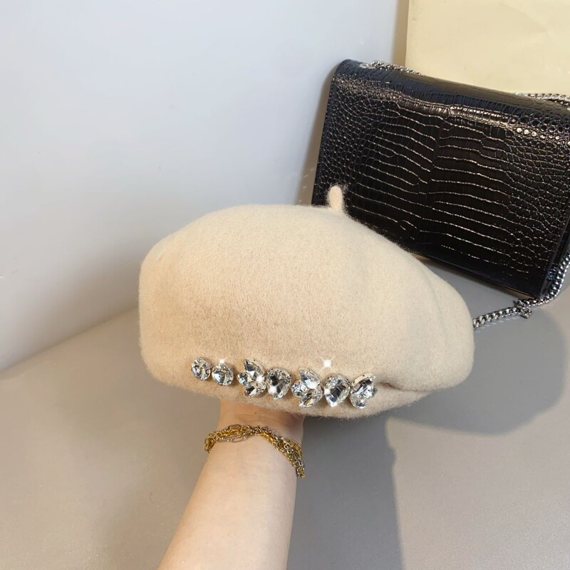 Beretă din lână cu strasuri de designer de lux Pălărie pentru femei, berete strălucitoare, bonetă de iarnă, șapcă de lână, versatilă, pălării de pictor francez pentru fete