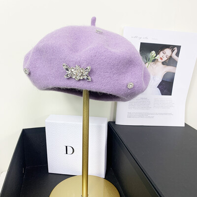 Moda coreeană, cu pietre de lux, beretă de lână, pălărie, căciulă caldă de iarnă, pălărie de pictor artist francez, beretă versatilă pentru femeie