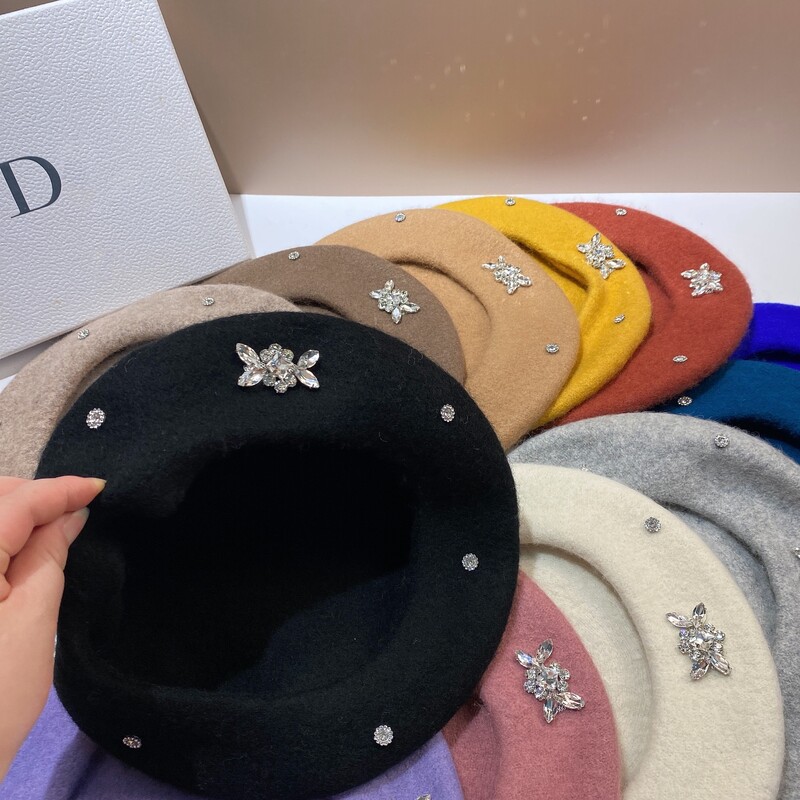 Moda coreeană, cu pietre de lux, beretă de lână, pălărie, căciulă caldă de iarnă, pălărie de pictor artist francez, beretă versatilă pentru femeie