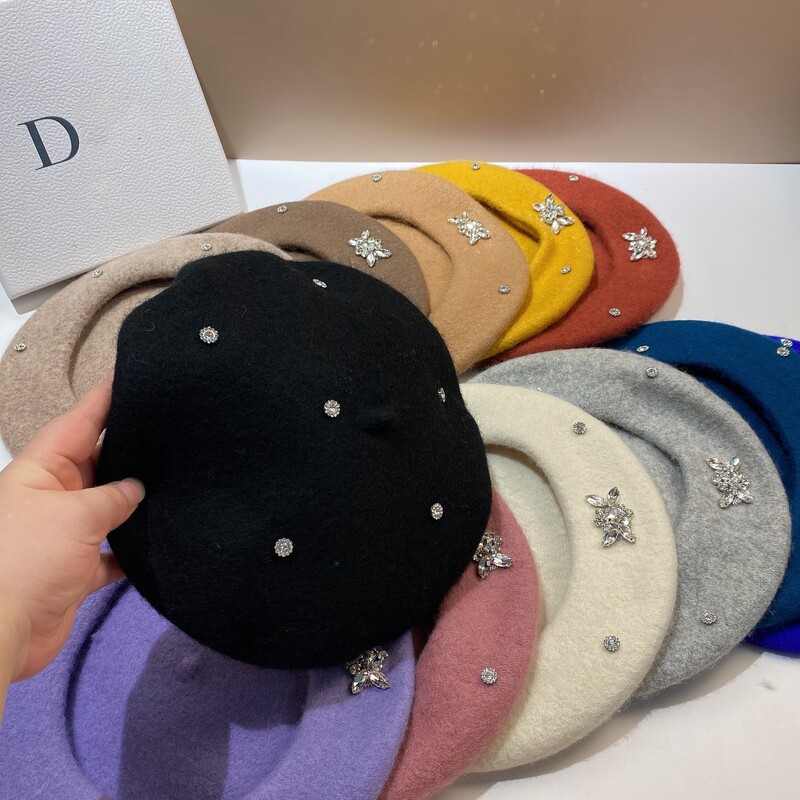 Moda coreeană, cu pietre de lux, beretă de lână, pălărie, căciulă caldă de iarnă, pălărie de pictor artist francez, beretă versatilă pentru femeie