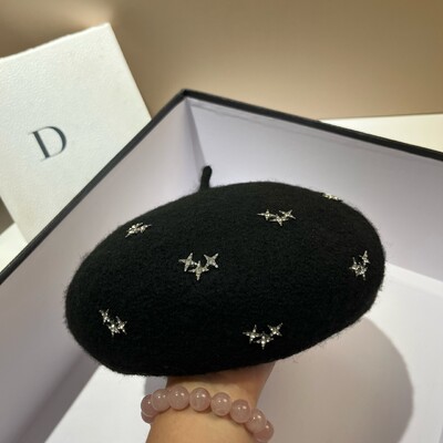 Luksuzna vunena beretka sa zvijezdama od kamenčića, zimska topla kapa, modna ženska kapa s beretkama, svestrana kapa za djevojke, šešir francuskog umjetnika