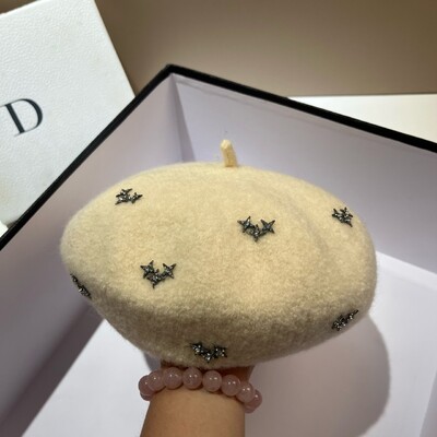 Luksuzna vunena beretka sa zvijezdama od kamenčića, zimska topla kapa, modna ženska kapa s beretkama, svestrana kapa za djevojke, šešir francuskog umjetnika