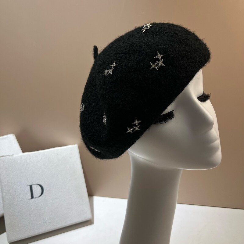 Luksuzna vunena beretka sa zvijezdama od kamenčića, zimska topla kapa, modna ženska kapa s beretkama, svestrana kapa za djevojke, šešir francuskog umjetnika