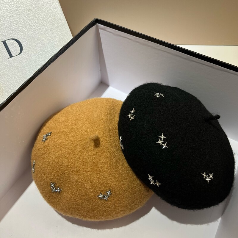 Luksuzna vunena beretka sa zvijezdama od kamenčića, zimska topla kapa, modna ženska kapa s beretkama, svestrana kapa za djevojke, šešir francuskog umjetnika