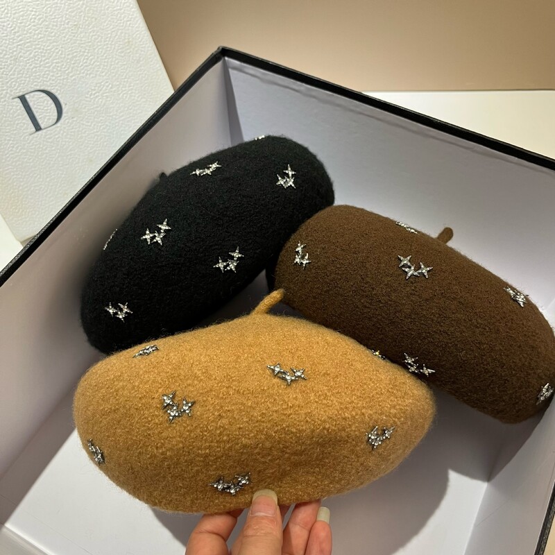 Luksuzna vunena beretka sa zvijezdama od kamenčića, zimska topla kapa, modna ženska kapa s beretkama, svestrana kapa za djevojke, šešir francuskog umjetnika