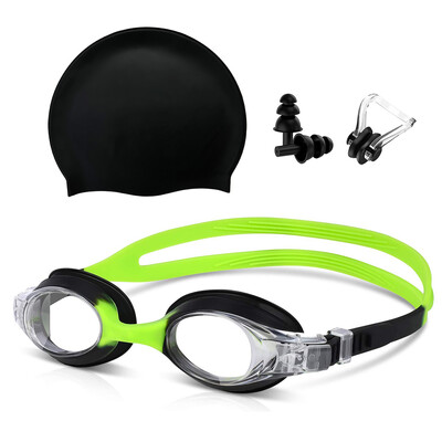Set de ochelari de înot pentru copii și șapcă de înot din silicon cu dopuri pentru urechi cu clemă pentru nas, impermeabile, fără scurgeri, protecție anti-aburire UV pentru băieți și fete