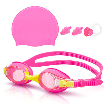 Set de ochelari de înot pentru copii și șapcă de înot din silicon cu dopuri pentru urechi cu clemă pentru nas, impermeabile, fără scurgeri, protecție anti-aburire UV pentru băieți și fete