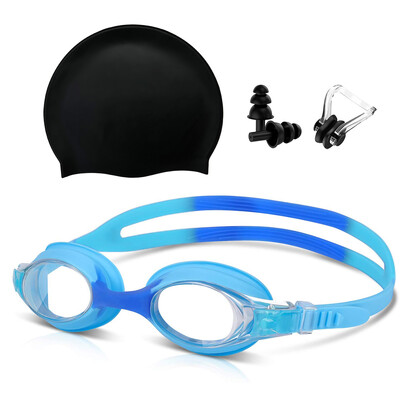 Set de ochelari de înot pentru copii și șapcă de înot din silicon cu dopuri pentru urechi cu clemă pentru nas, impermeabile, fără scurgeri, protecție anti-aburire UV pentru băieți și fete