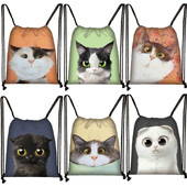 Geantă cu șnur cu pictură 3D cu cap de pisică, rucsac cu imprimare cu desene animate pentru fete, genți de cumpărături, geantă portabilă multifuncțională pentru pantofi