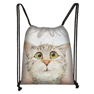 Geantă cu șnur cu pictură 3D cu cap de pisică, rucsac cu imprimare cu desene animate pentru fete, genți de cumpărături, geantă portabilă multifuncțională pentru pantofi