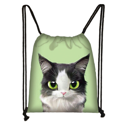 Geantă cu șnur cu pictură 3D cu cap de pisică, rucsac cu imprimare cu desene animate pentru fete, genți de cumpărături, geantă portabilă multifuncțională pentru pantofi
